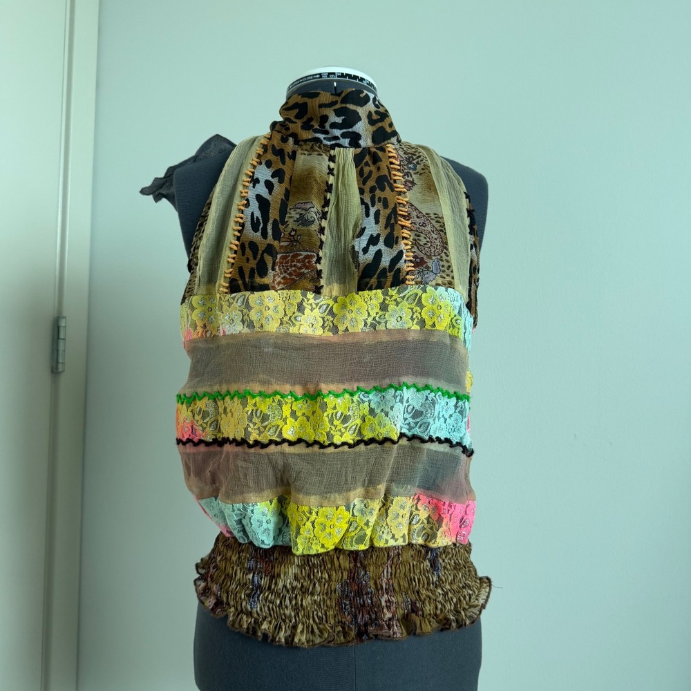 Vintage‎ Y2K Leopard Print Glitter Lace Mockneck Tank Size Small